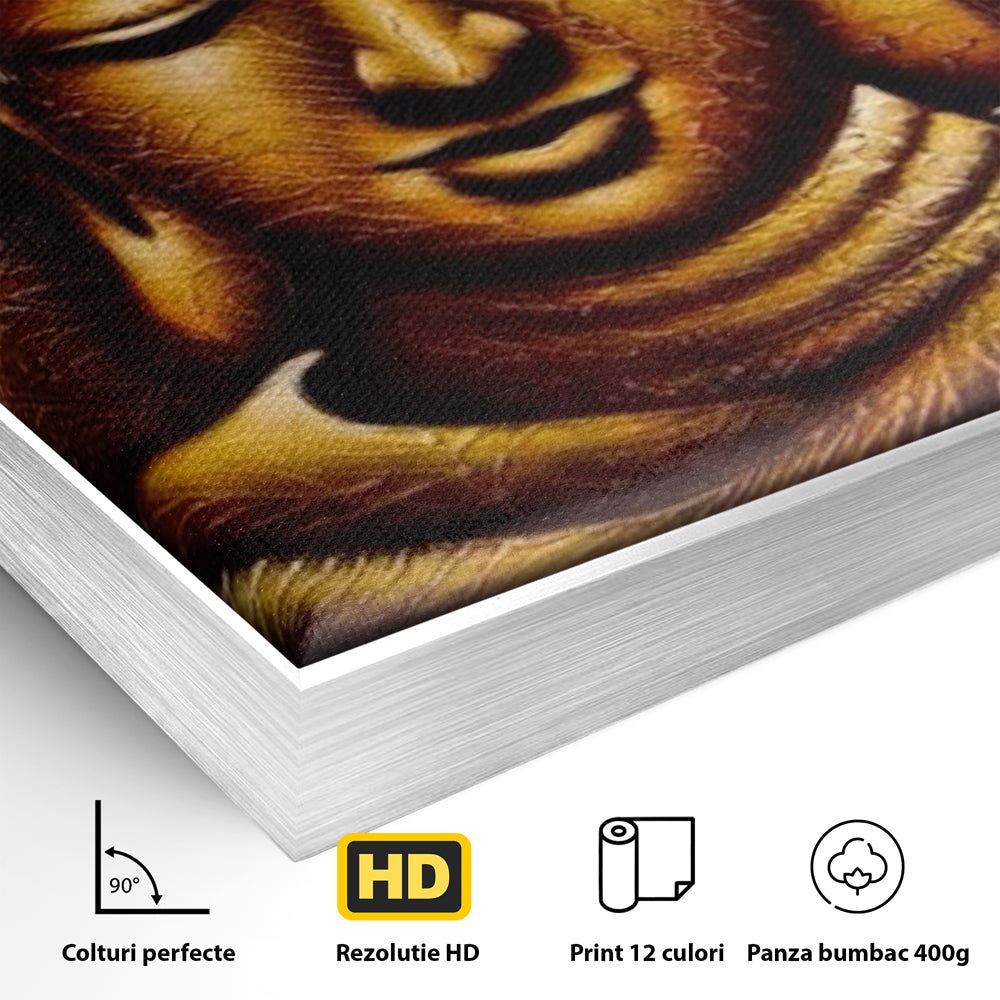 Detaliu al suprafetei: tablou canvas cu chipul lui buddha, in rama de aluminiu argintiu
